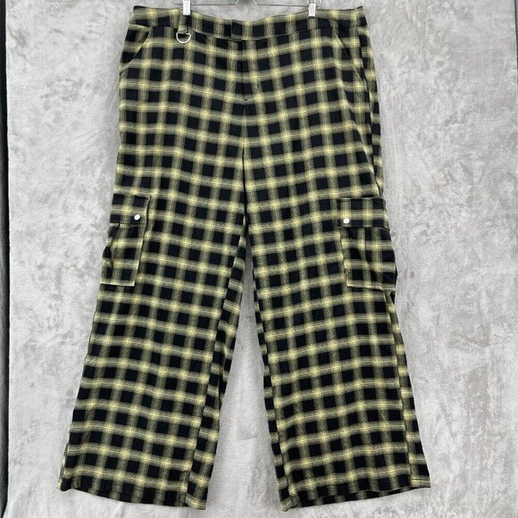 Hot Topic Yellow Black Plaid Wide Leg Cargo Pants Punk Goth Retro Y2K
